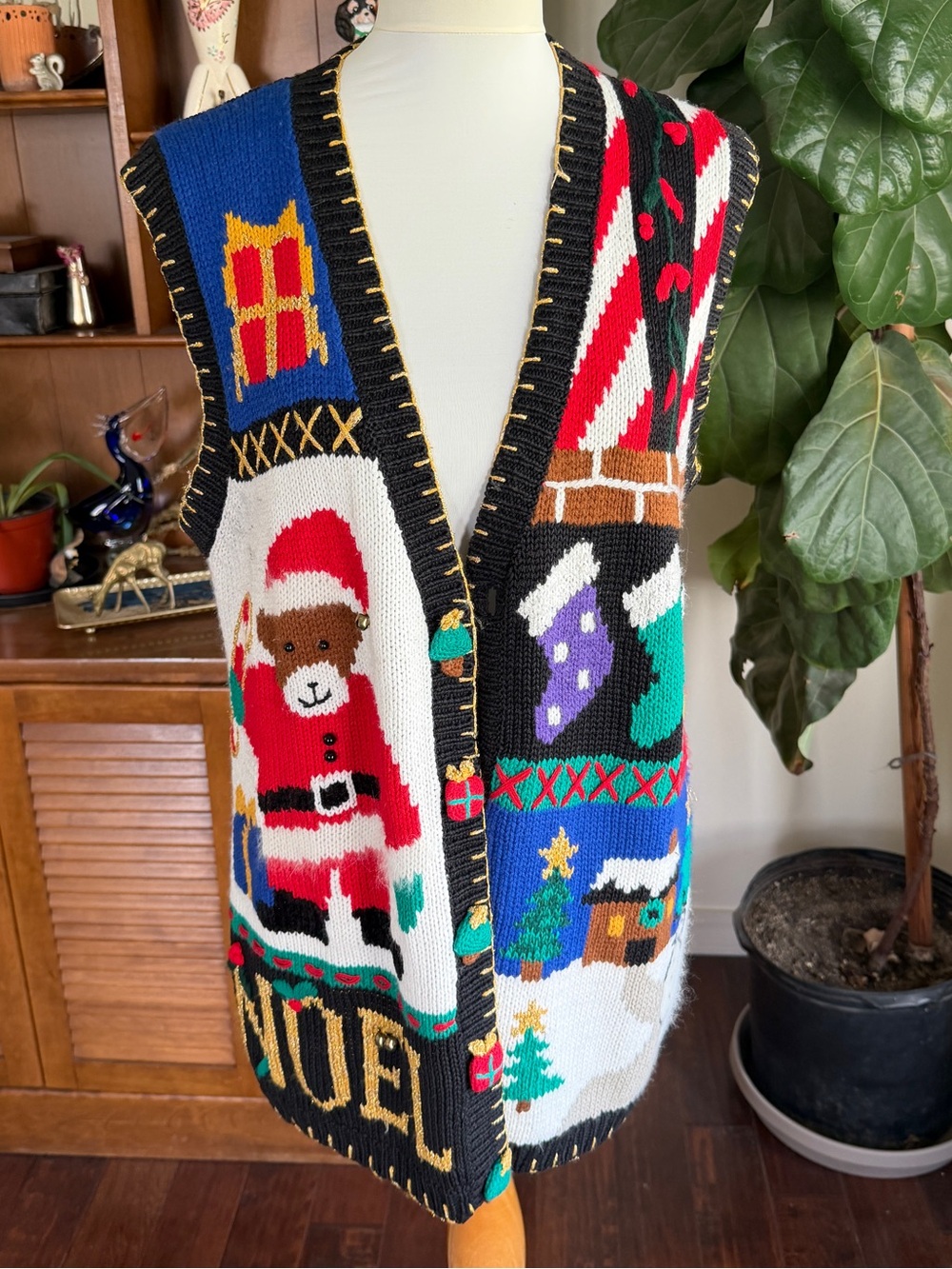 Vintage Spice of Life Festive Holiday Sweater Vest w/ Santa Bear Motif Noel L